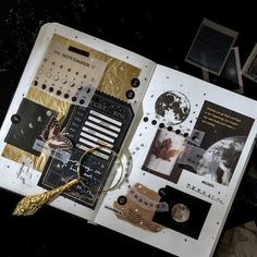 an assortment of assorted items are displayed on a black surface with gold trimmings