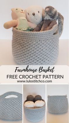 a basket with stuffed animals in it and the words free crochet pattern below