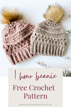 two crochet hats with text overlay that reads, i now beanie free crochet pattern