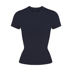 The perfect crewneck tee, this breathable, everyday classic is made with cool, comfortable stretch-cotton and finished with sporty stitching. | SKIMS T-Shirt | Blue | 2XS | Cotton Jersey Modern Family, Black Top, Jersey T Shirt, Cute Tops, Shirt Sleeves, Workout Shirts, Shirt Design, Black Shirt