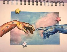 a drawing of two hands reaching out to each other with stars on the sky in the background