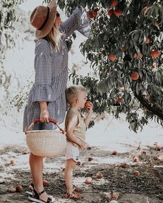 a woman and child picking apples from an apple tree