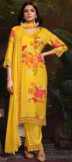 Yellow color Salwar Kameez in Muslin fabric with Digital Print, Embroidered, Floral, Lace work Luxury Yellow Art Silk Salwar Kameez, Yellow Palazzo Set With Printed Motifs For Wedding, Wedding Yellow Palazzo Set With Printed Motifs, Yellow Wedding Dress With Printed Motifs, Festive Yellow Churidar With Floral Embroidery, Festive Yellow Floral Embroidered Churidar, Yellow Printed Motifs Sets For Wedding, Yellow Printed Motif Sets For Wedding, Yellow Chanderi Churidar With Floral Embroidery