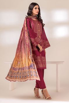 Bonanza Satrangi Maroon Jacquard Jas233p23 Fesitve Pret Jacquard Sets With Printed Motifs And Long Sleeves, Red Unstitched Wedding Suit With Digital Print, Red Digital Print Unstitched Wedding Suit, Festive Long Sleeve Jacquard Lawn Suit, Red Digital Print Salwar Kameez For Wedding, Red Salwar Kameez With Digital Print For Wedding, Red Printed Lawn Suit For Wedding, Wedding Lawn Suit In Red With Printed Details, Festive Jacquard Set With Dupatta