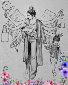 a drawing of an angel holding a child in her arms and two other angels behind it