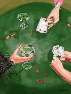 a painting of two hands holding playing cards and wine glasses on a green tablecloth