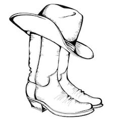 a cowboy hat and boots are shown in this black and white drawing, which is part of a coloring page