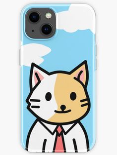 a phone case with a cat wearing a tie and clouds in the sky behind it