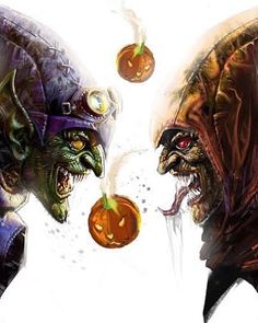 two demonic looking monsters with pumpkins in their mouths