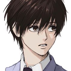 an anime character with black hair wearing a blue shirt and tie, looking at the camera