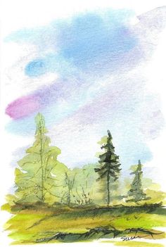 watercolor painting of trees in the distance