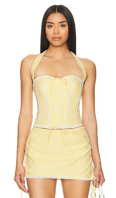 Find GUIZIO Gingham Lace Corset In Yellow on Editorialist. GUIZIO Gingham Lace Corset in Yellow. - size S (also in XS, XXS) GUIZIO Gingham Lace Corset in Yellow. - size S (also in XS, XXS) Self: 100% cotton Lining: 100% cotton. Made in China. Hand wash. Lace up back closure. DGUI-WS143. S24109. Danielle Guizio is a NYC based brand that embodies the modern day trendsetter with relaxed, yet edgy styles of New York's hip, downtown youth culture. With conceptually fresh and current pieces, attention Yellow Corset, Corset Bodysuit, Danielle Guizio, College Fits, Youth Culture, Lace Corset, Yellow Top, Revolve Clothing, Women Corset