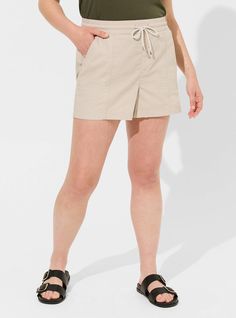 FIT Model is 5'10” wearing size 1. . High rise. . 3. 5” inseam. . MATERIALS + CARE Cotton poplin woven fabric. . 98% cotton, 2% spandex. Machine wash cold. Dry low. Imported. DETAILS Drawstring waistband. . Pockets. . The best plus size women's 3. 5” pull-on poplin short woven shorts in chateau gray made of poplin. Rock your look from Torrid to Festivals like Coachella and Lollapalooza, a concert, a show, or just for fun! Spring Cotton Neutral Shorts, Spring Neutral Cotton Shorts, Black Peacoat, Short Weave, Woven Shorts, Bottom Clothes, Drawstring Waistband, Just For Fun, Cotton Poplin