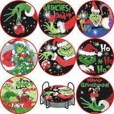 sequinized christmas coasters featuring the grinnies and santa's helpers