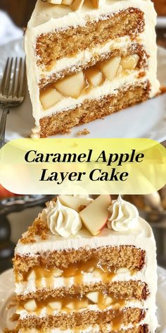 two slices of caramel apple layer cake on white plates