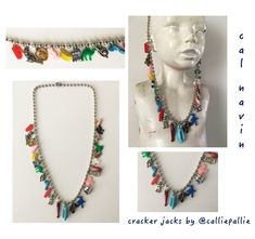 Offered is a vintage Cracker Jack Necklace, featuring many different charms that were popular in the 1920's - 1950's, and 60's. Colorful plastic, celluloid and metal clad. Vintage charms made into Cracker Jack Necklaces by Detroit artist Cal Navin. She has made Cracker Jack Necklaces for models, actresses, and people in the Italian fashion industry. They are both fun and fashion forward. Please email me with any questions you may have, Thanks for browsing. Cracker Necklace, Cowgirl Necklaces, Cracker Jack, Cracker Jacks, Assemblage Jewelry, Pink Plastic, Western Jewelry, Fashion Industry, 1950s Fashion