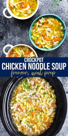 chicken noodle soup in a crock pot with the title