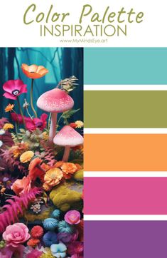 the color palette with mushrooms, flowers and plants on it is in shades of pink, green