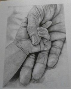 a pencil drawing of two hands holding each other's fingers in the middle of their palm