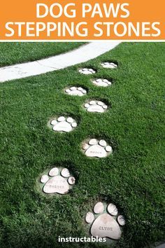 dog paws stepping stones in the grass with text overlay that reads, how to build your own dog paw stepping stones