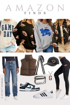 Get ready for game day with stylish Amazon finds you’ll love! Football season is here, and you don't need team merch to show your spirit. Pair comfy high-waisted leggings or distressed jeans with chic game day pullovers for an effortless look. Opt for classic Nike or Adidas sneakers to keep your feet happy. Don’t forget to add fun accessories like an initial necklace or a cute hat! Shop now for the best game day styles that will keep you fashionable all season long! Athlesuire Outfit, Fall Fitness, Game Day Football, The Best Game