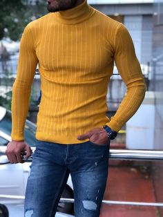 Yellow Turtleneck, Fitted Turtleneck, Trendy Street Style, Custom Suit, Mens Fashion Casual Outfits, Mens Winter Fashion, Sweater Material, Sweaters And Jeans