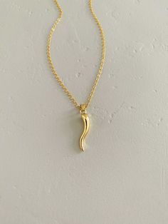 This lovely piece (cornicello pendant) is designed as a symbol of hope and good luck to whoever wears it. Stunning Italian horn style pendant made with a real 18k gold plating on a matching dainty gold chain.  2 sizes to choose from:  1. 16"-not adjustable 2. 16-18"-adjustable (16' necklace with a 2" adjustable extender chain) Pendant size: Approximately 26x6mm. MATERIALS: Jewelry parts that are used are GOLD PLATED or SILVER PLATED. There are small traces of nickel present in certain products. Cornicello Necklace, Italian Horn Necklace, Italian Horn, Horn Necklace, Hope Symbol, Jewelry Care Instructions, Chain Pendants, Jewelry Plate, Costume Jewelry