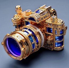 a gold and blue camera with its lens up to the camera's zoom angle