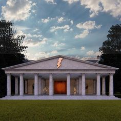 an artist's rendering of a house with columns and a lightning bolt on the roof