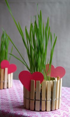 some grass is growing out of a small planter made from popsicle sticks and paper hearts