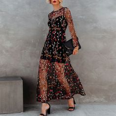 Fabric: Mesh<BR/> Size: S, M, L, XL Long Sleeve Midi Dress With Lace Patchwork For Fall, Spring Long Sleeve Lace Midi Dress, Spring Lace Midi Dress With Long Sleeves, Fall Long Sleeve Midi Dress With Lace Patchwork, Long Sleeve Lace Midi Dress For Fall, Fall Midi-length Dress With Lace Patchwork, Fall Midi Length Dress With Lace Patchwork, Fall Long Sleeve Lace Midi Dress, Casual Floral Embroidered Maxi Dress For Spring