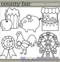 the farm animals coloring page is shown in black and white, with text that reads county fair digital clipart