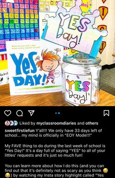 an image of a teacher's desk with the words yes day written on it