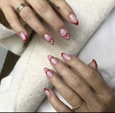 Oval Nails Designs Valentines, Heart Tips Nails, Nails Short Medium Length, Heart French Tip, Nails Red French, Nails Short Medium, Heart Tip Nails, Trending Nail Designs, Nail Designs Fall