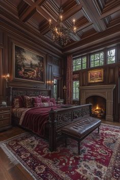 a large bed sitting in the middle of a bedroom next to a fireplace and windows