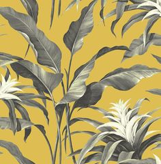 a yellow and black wallpaper with tropical plants on the right side, in front of a bright yellow background