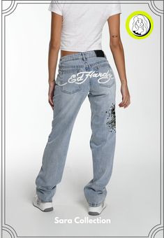 Street Wear Tops, Fire Clothes, Ed Hardy Jeans, Trousers Jeans, Women's Headwear, Outfit Jeans, Denim Joggers, Straight Leg Denim