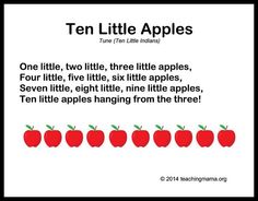 the ten little apples are lined up in rows with words on each row and an image of