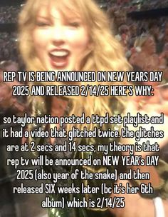 a woman with long blonde hair and an open mouth in front of a crowd, text reads rep tv is being abandoned one new years day 2012 and released 27 / 7 / 24 / 25 here's why?