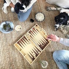 two dogs sitting on the floor next to a woman playing backgams with her dog