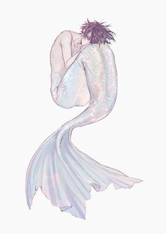 a drawing of a mermaid with her back turned to the camera, holding onto another mermaid's tail