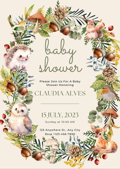 baby shower with an owl, hedge and pine cones