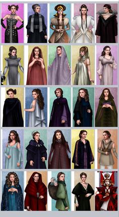 many different types of women in dresses and capes, all dressed in different colors