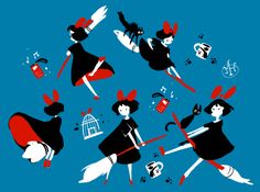 an image of some women doing different things in the air with brooms and cats