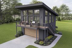 this is a computer rendering of a small house in the middle of a grassy area