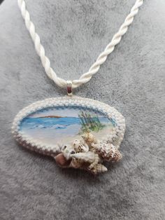 Mini seashells and a handpainted beach scene create a lovely pendant hung on a creamy white silk cord. Augusta Ga, Scallop Shells, Beach Scene, Silk Cord, Beach Scenes, White Silk, Creamy White