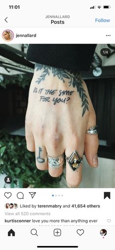 a person's hand with tattoos on it and the words, is this time for you?