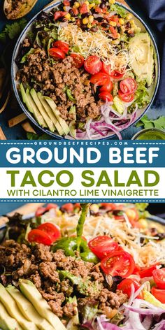 A dinner salad with ground beef! This simple side dish recipe will satisfy your Mexican food cravings. Not only is this homemade taco salad full of bright flavors from a cilantro lime vinaigrette, but it is also healthy! Salad With Ground Beef, Beef Taco Salad, Cilantro Lime Vinaigrette, Ground Beef Taco, Corn Salsa Recipe, Beef Taco, Lime Vinaigrette