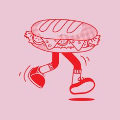 a drawing of a person carrying a large sandwich