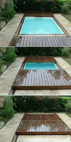 the steps leading up to an above ground swimming pool are made from wood and concrete